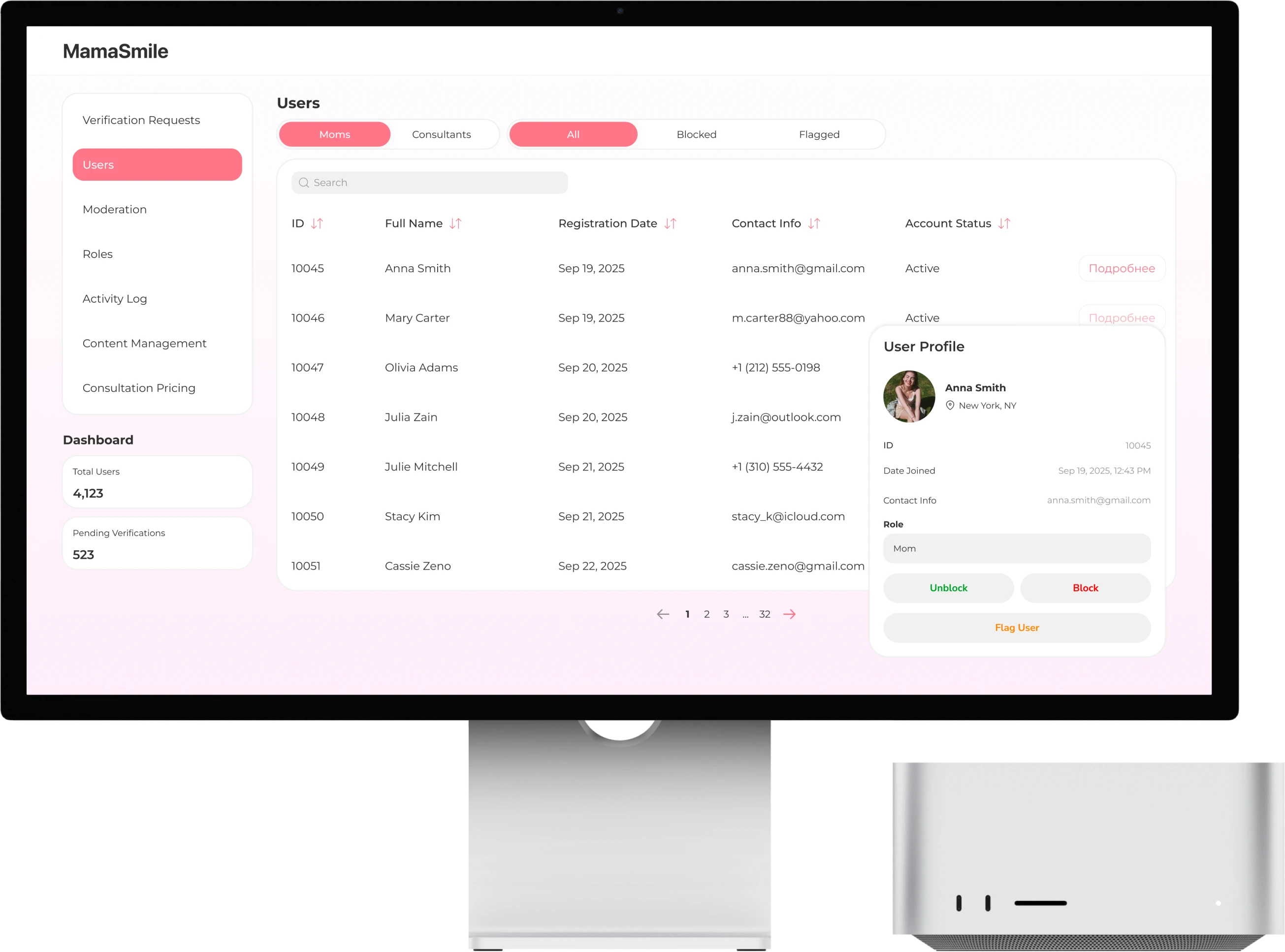 The MomSmile admin dashboard on a display: the section menu, the statistics and the user table
