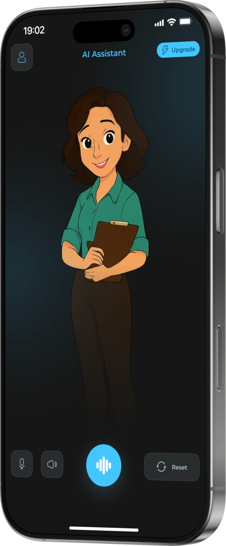 The AI Assistant home screen in the dark theme: the 2D character and the control row with the record button