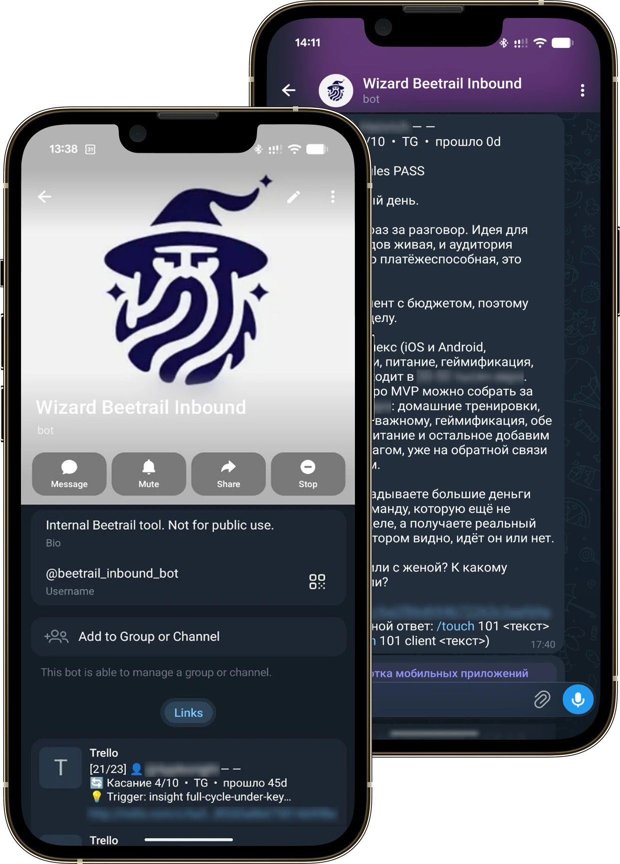 Wizard AI Telegram bot screens: the bot profile and a conversation with a lead