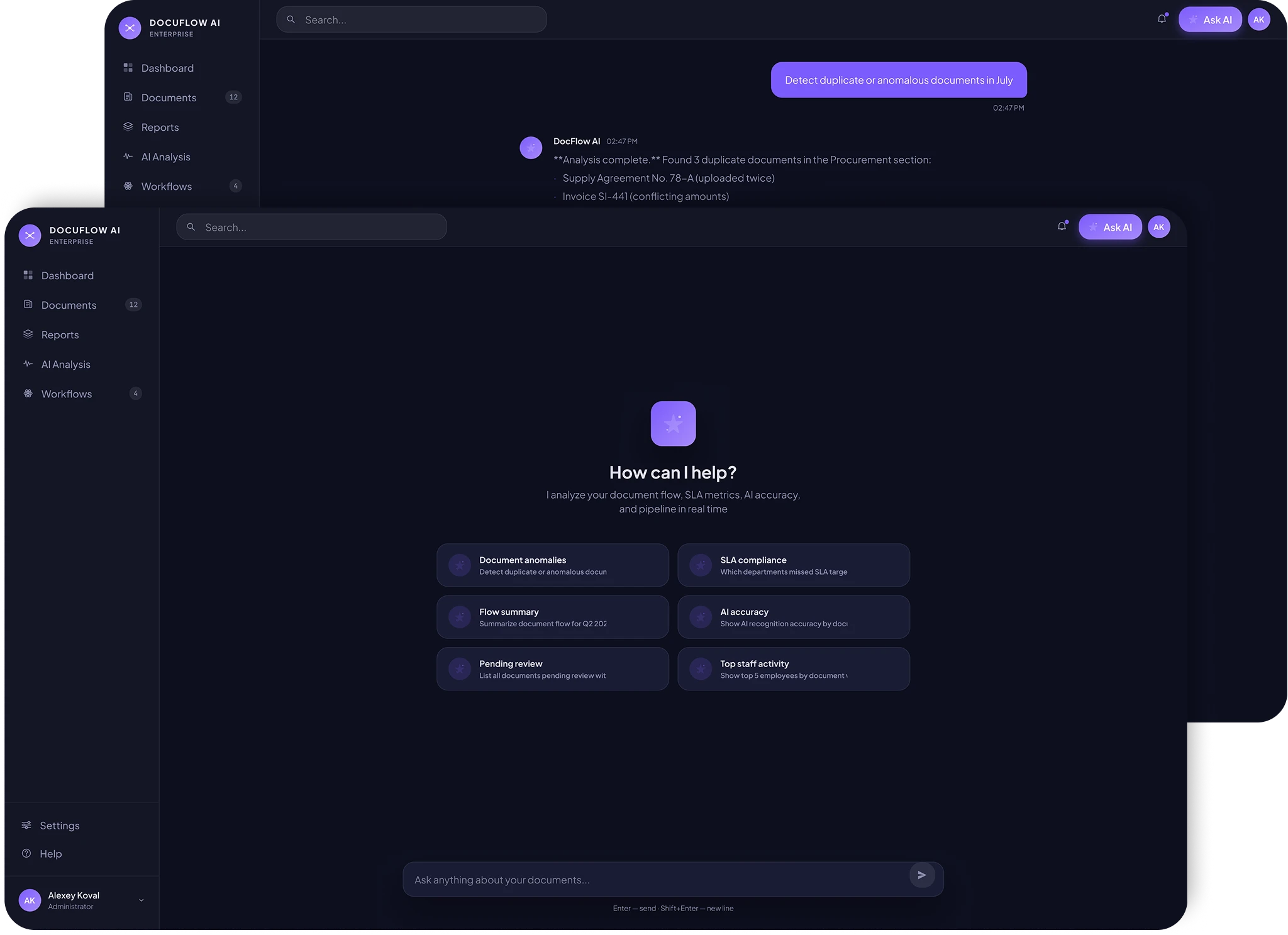 The DocuFlow AI assistant chat: a plain-language question and an answer linking to documents