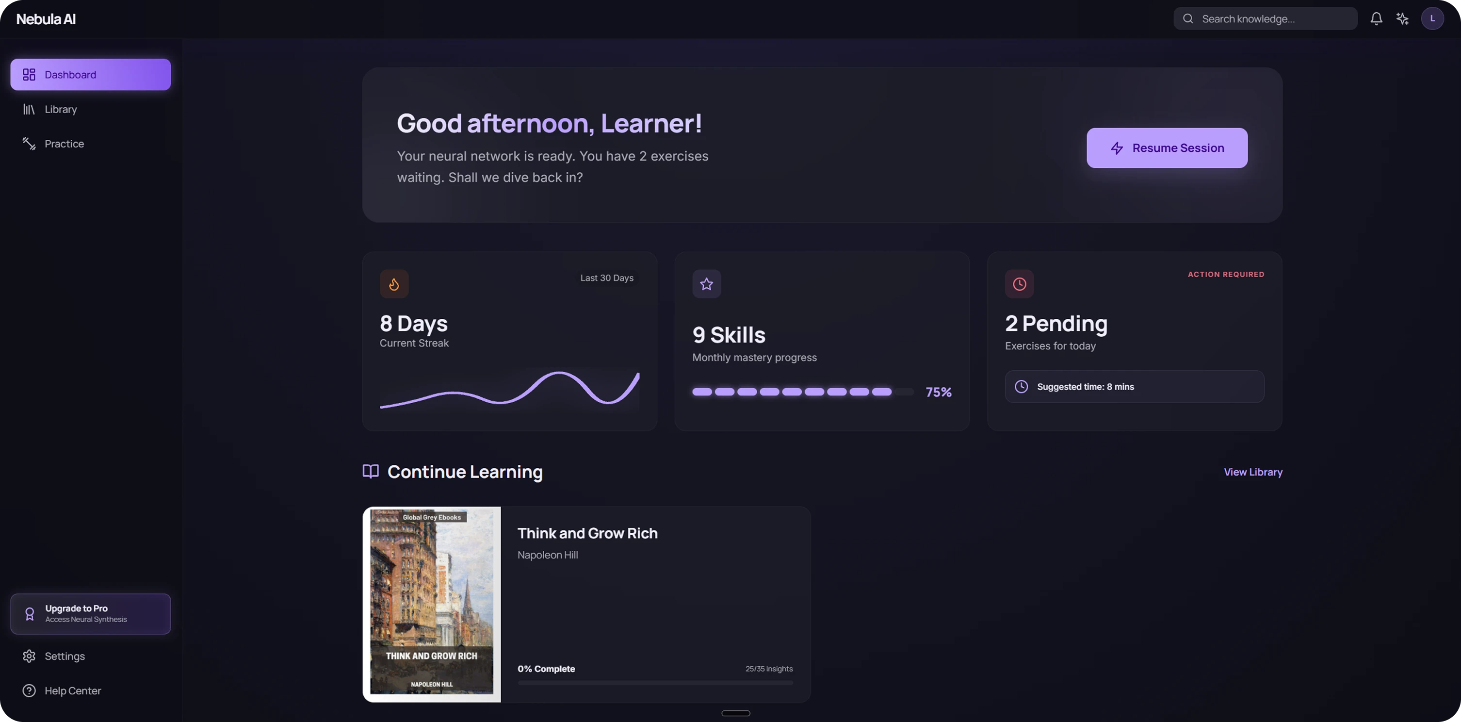 The Nebula AI main screen: a learning streak, skills mastered and pending exercises