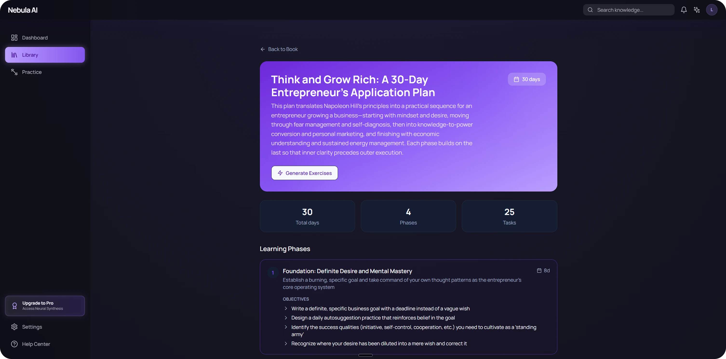 A book card in Nebula AI with a learning plan split into phases