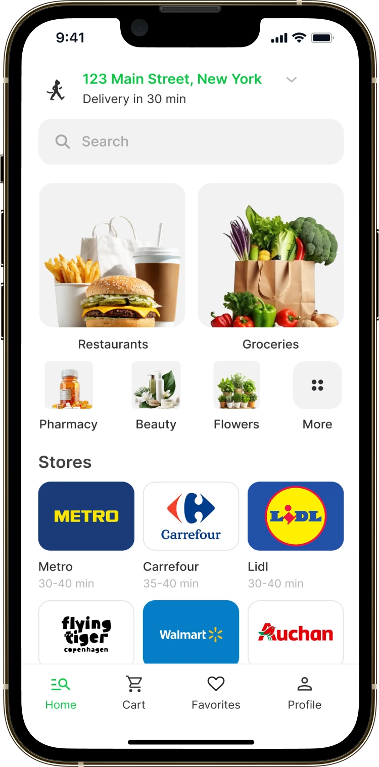 The Speedy home screen: the delivery address, store categories and a selection of shops