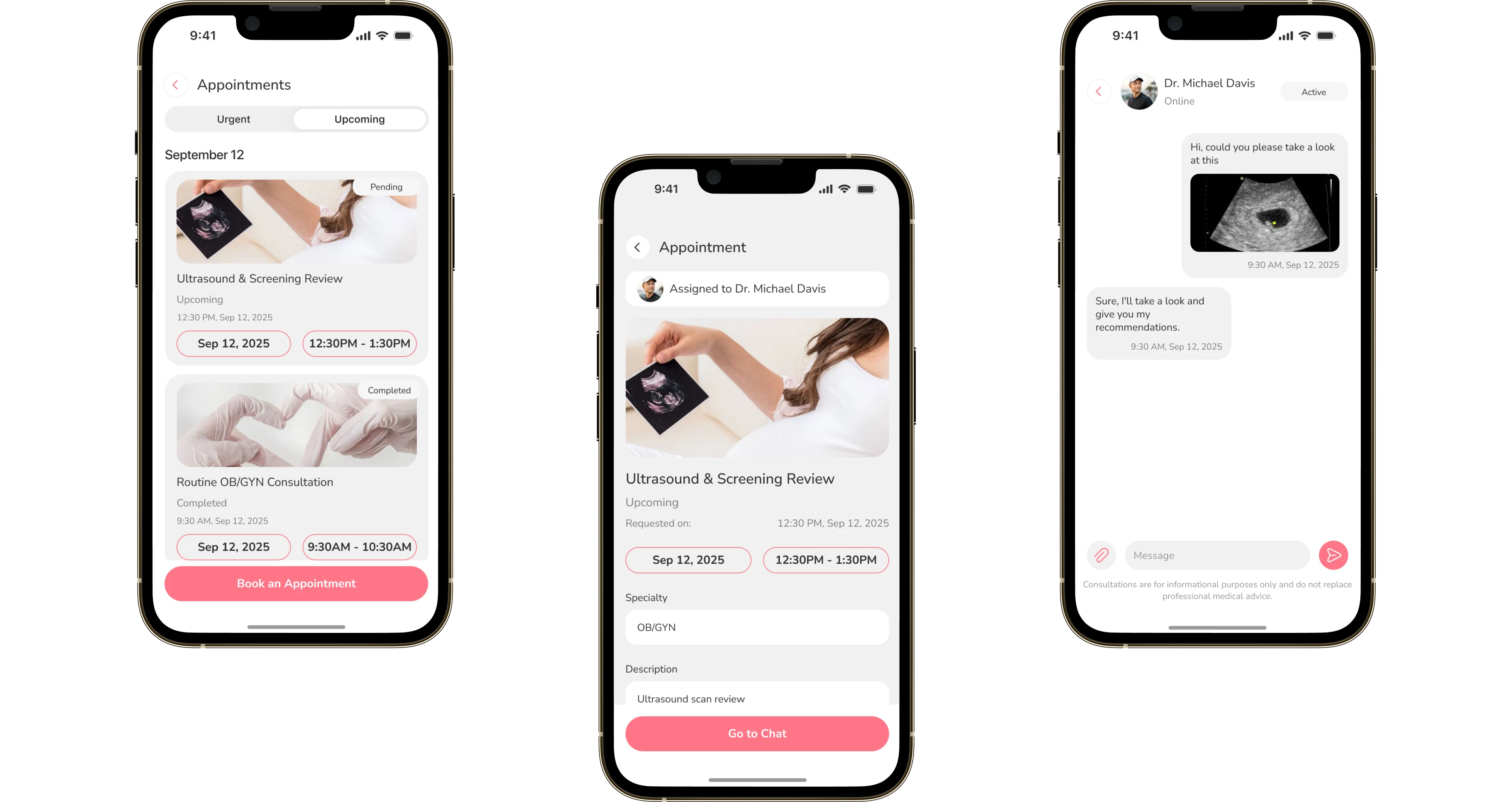 Three consultation screens: the list of requests, the consultation card and the chat with a specialist